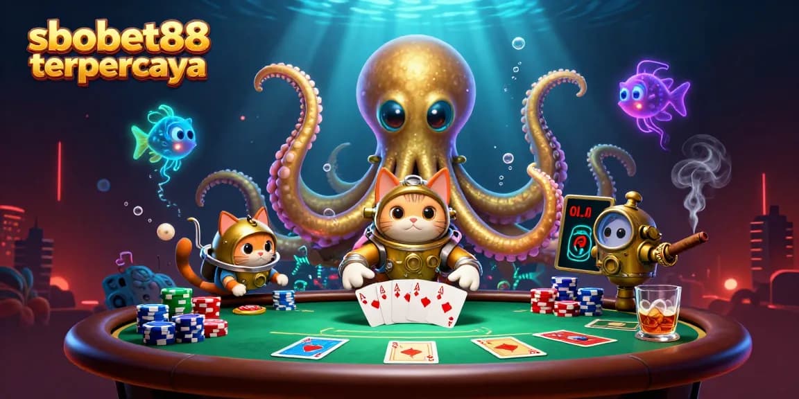 Experience sbobet88 terpercaya with a dynamic scene of a kraken and diving cat at an exhilarating poker table.