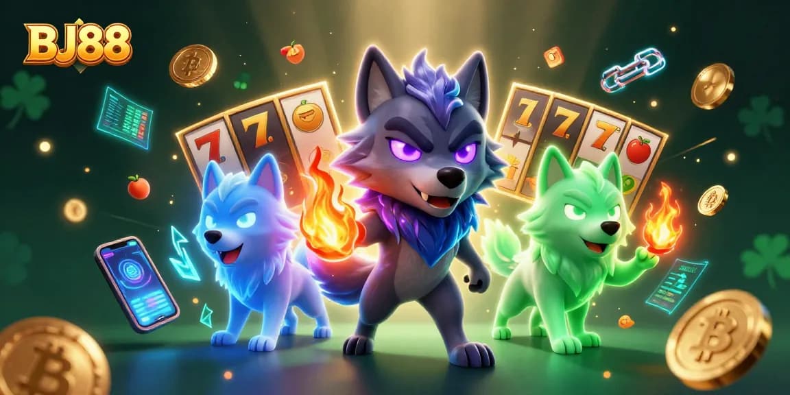Experience thrilling slots and jackpot excitement with BJ88 in a vibrant casino scene filled with ghostly wolves.
