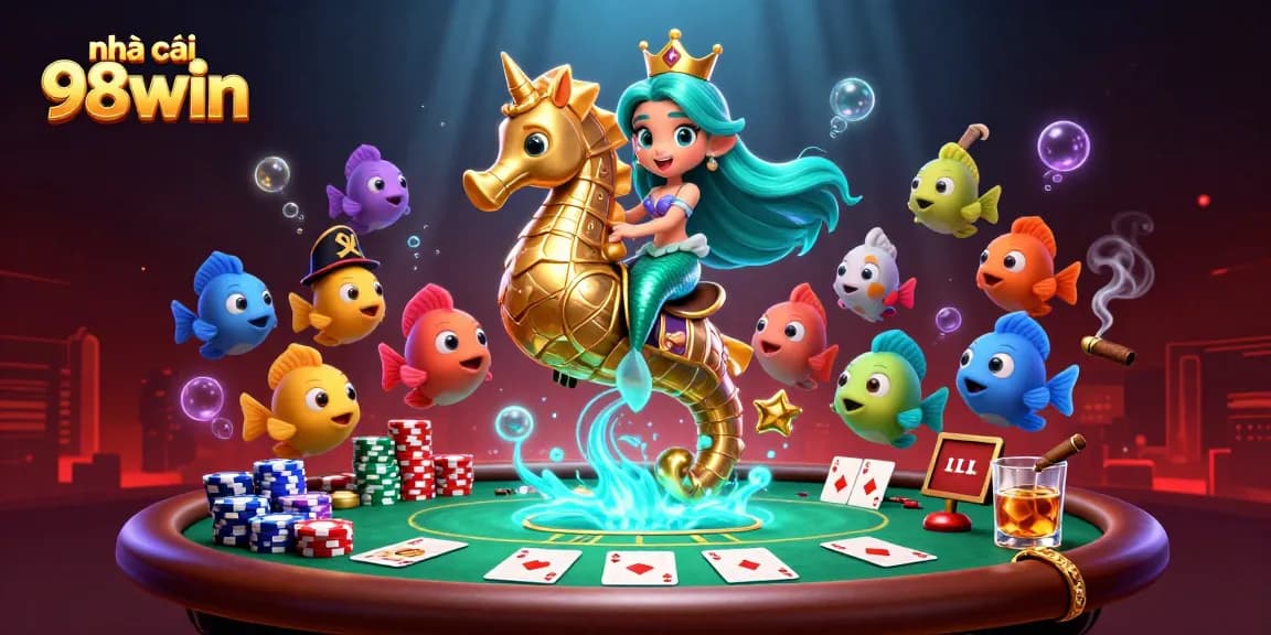 Experience the thrill of gaming at nhà cái 98win with vibrant casino elements and a magical underwater scene.