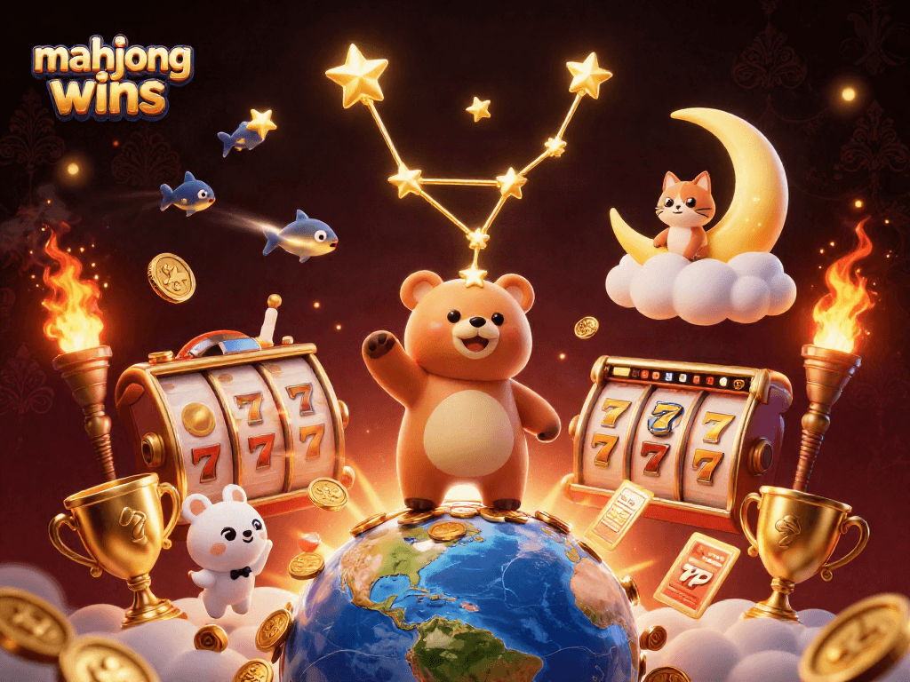 Experience mahjong wins with dynamic casino excitement through vibrant illustrations of slot reels and playful characters.