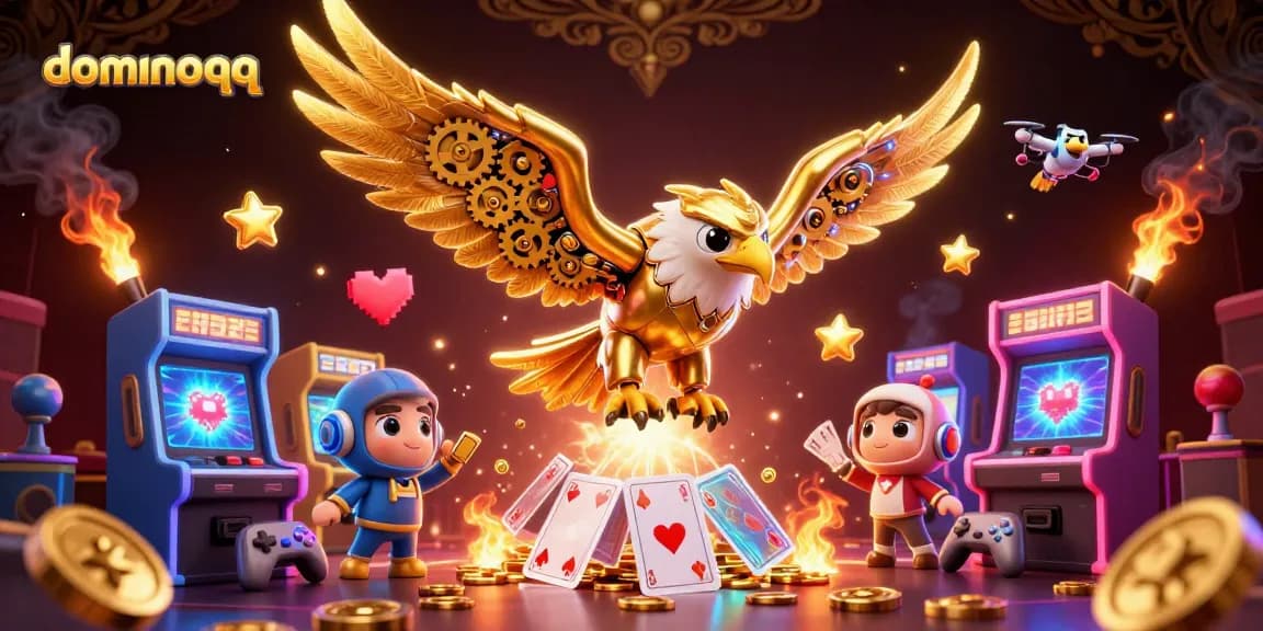 Experience thrilling gameplay with dominoqq through a dynamic scene of immersive 3D characters and casino elements.