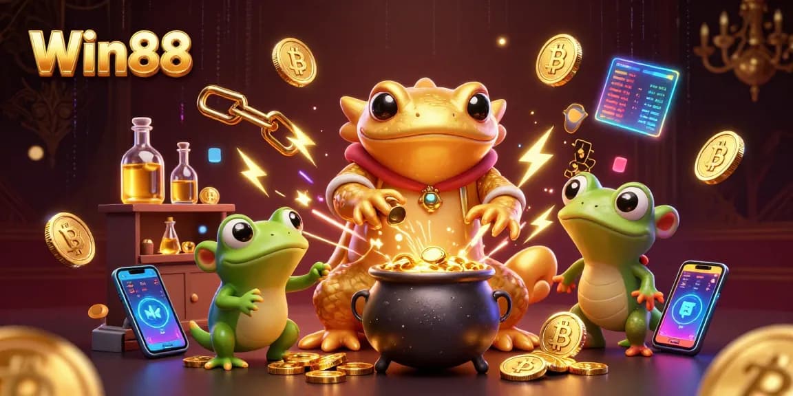 Win88 captures the magic of online gaming with vibrant characters and cryptocurrency elements.