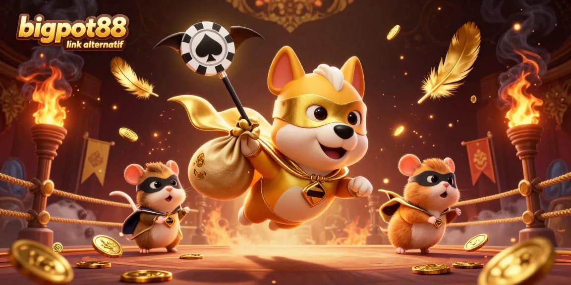 Engage with bigpot88 link alternatif through a vibrant 3D illustration of a superhero dog carrying gold coins, surrounded by exciting casino elements.
