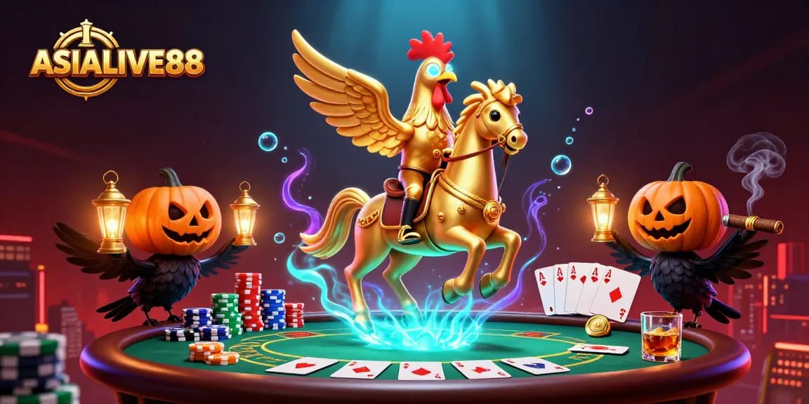 Experience thrilling action at ASIALIVE88 with a golden rooster riding through a vibrant casino scene.