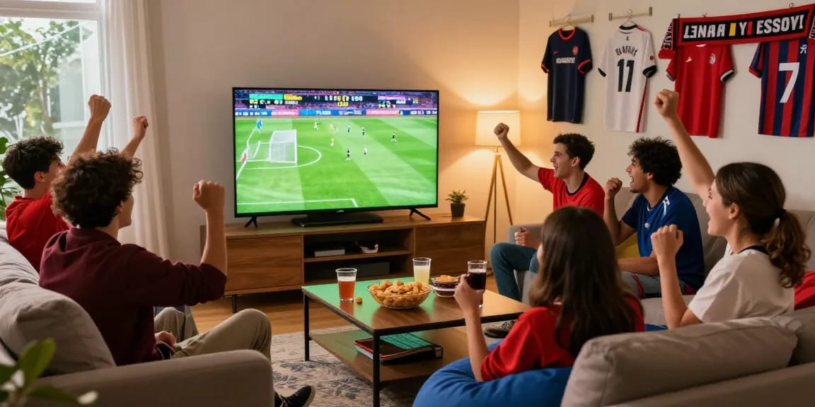 Friends enjoying a live sports match with source كورة لايف in a cozy setting, celebrating goals and teamwork.