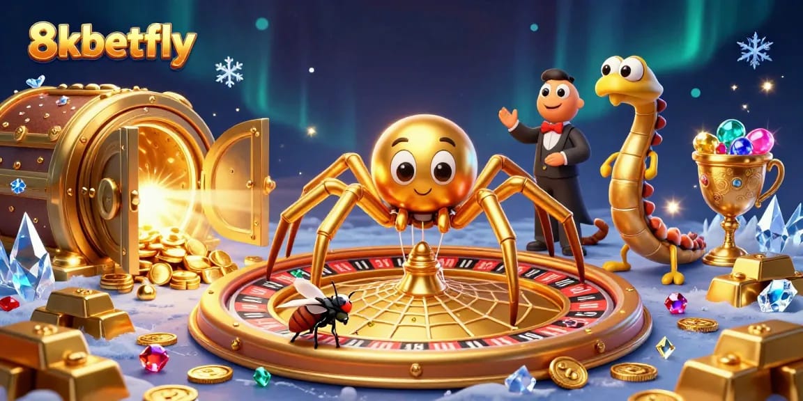 Bet with 8xbetfly's golden spider as it spins a roulette wheel web, bringing fortune.