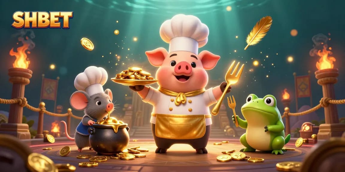 Engage with the vibrant SHBET casino scene featuring gourmet gold coins, dynamic characters, and energetic atmosphere.