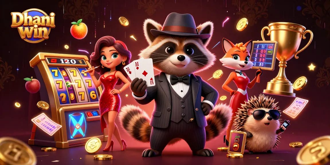 Dhani win promotional illustration showcasing a raccoon holding a royal flush, amidst slot elements and glamorous gameplay