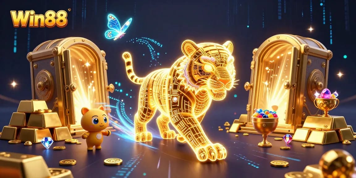 Win88 players immerse in a vibrant casino scene, featuring golden treasures and dynamic lights.