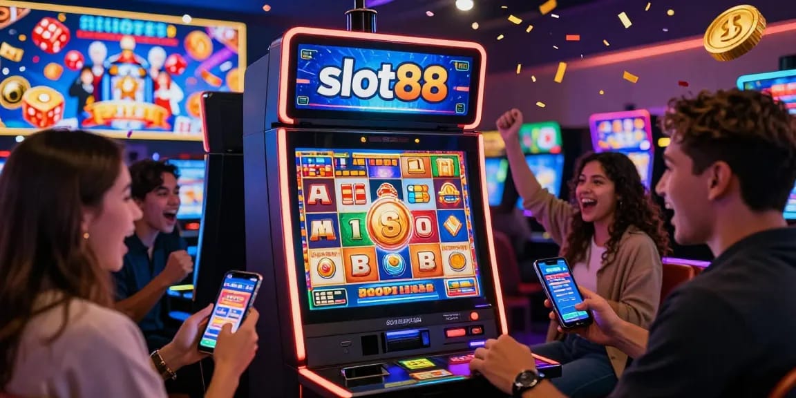 Permainan slot88 di kasino online Dewa123 dengan pemain merayakan kemenangan jackpot.