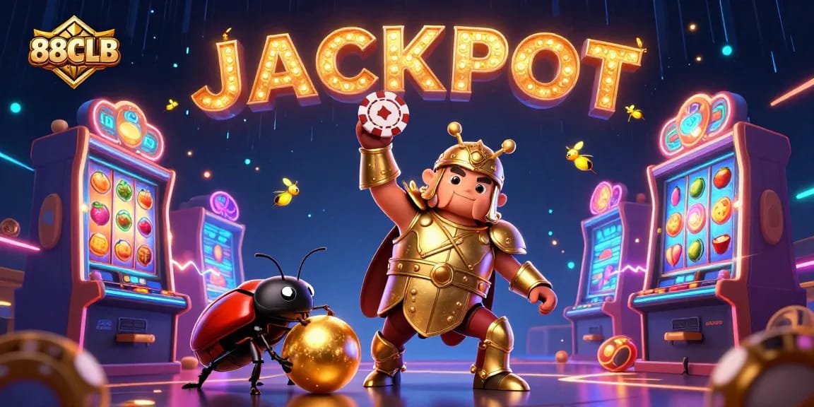 88CLB celebrates a jackpot scene featuring a hercules beetle in armor, spinning slot machines, and vibrant casino elements