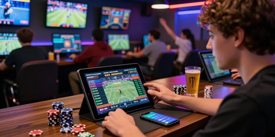 LUCK8 live betting scene showcasing a young player engaged in dynamic online sports betting with vibrant displays and modern gaming environment.