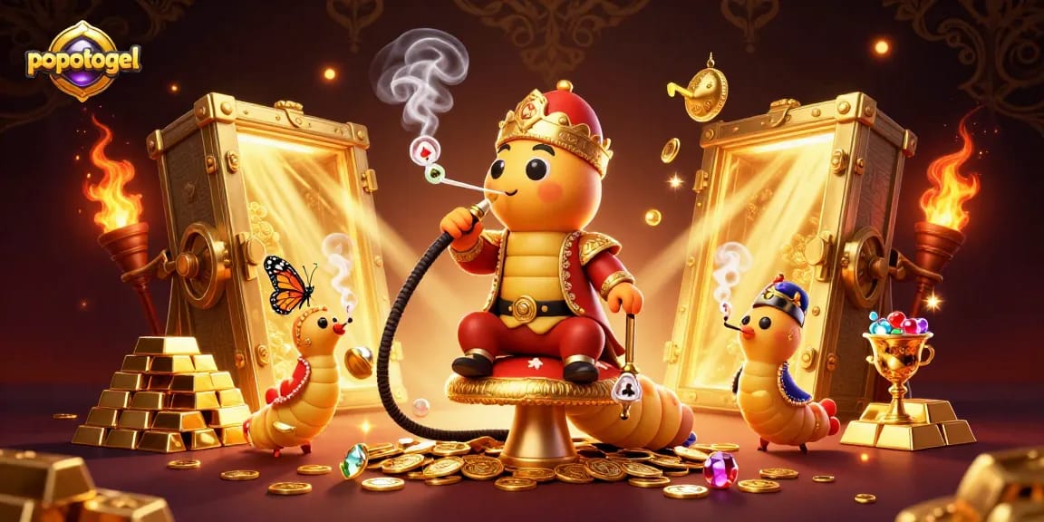 Engage in popotogel excitement with a 3D illustration of a Turkish sultan caterpillar amid treasure and gaming elements.