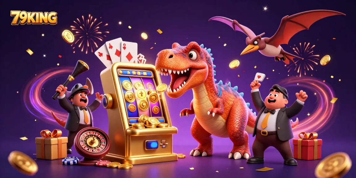 79KING jackpot scene with animated dinosaurs celebrating casino wins and dynamic gaming elements.
