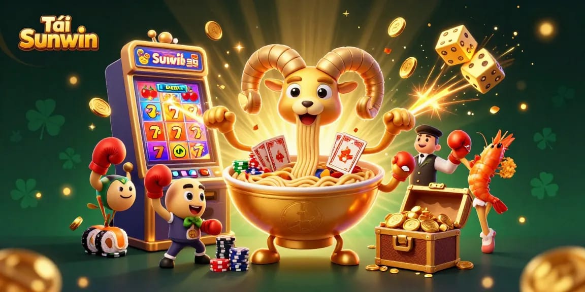Tải Sunwin to enjoy a vibrant 3D illustration featuring a golden ramen bowl dealer and slot machine surprise.
