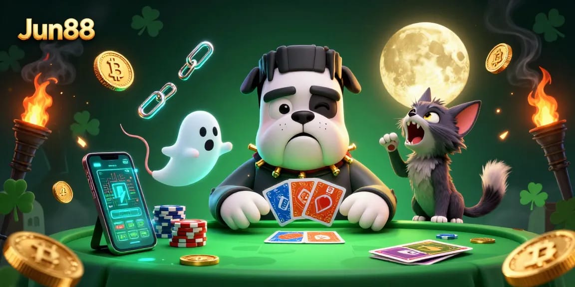 Experience dynamic gambling action with Jun88 in a vibrant 3D casino scene showcasing characters and crypto elements.