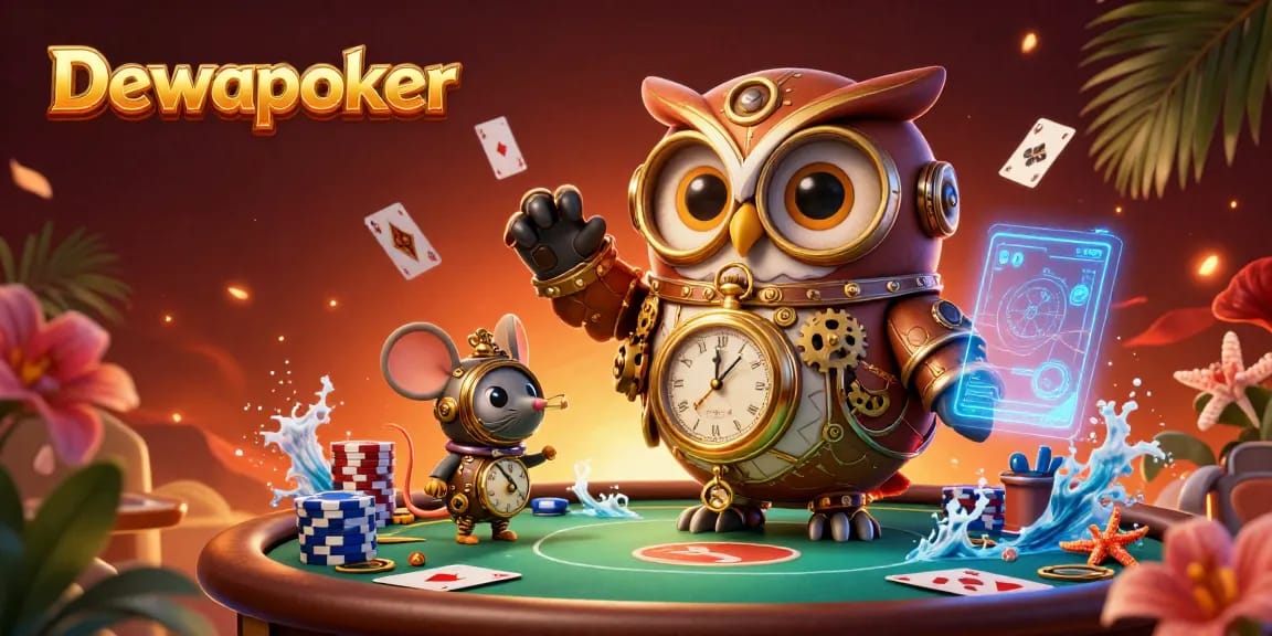 Dewapoker showcases thrilling poker scenes with a time-traveling owl and vibrant game elements.