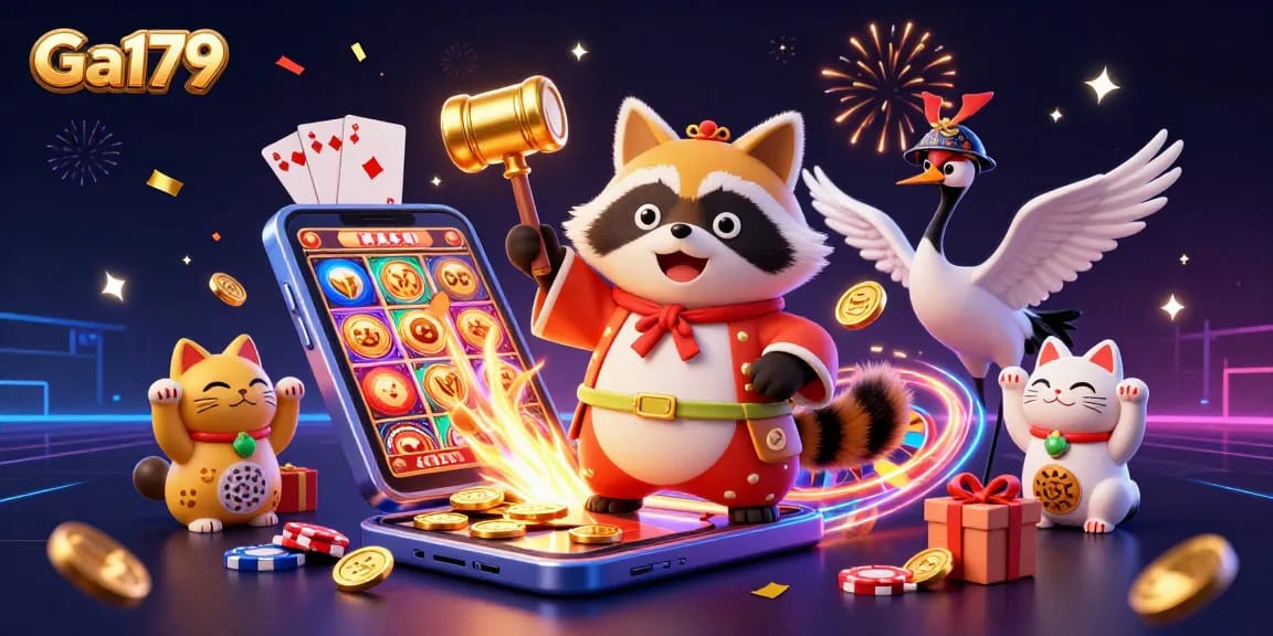 Experience thrilling casino fun with Ga179's vibrant 3D illustration featuring gambling icons and celebration.