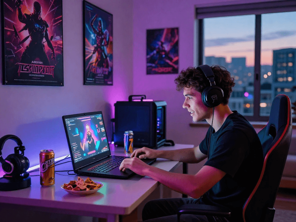 Immersive gaming experience with mind control porn, featuring a gamer in an urban apartment.