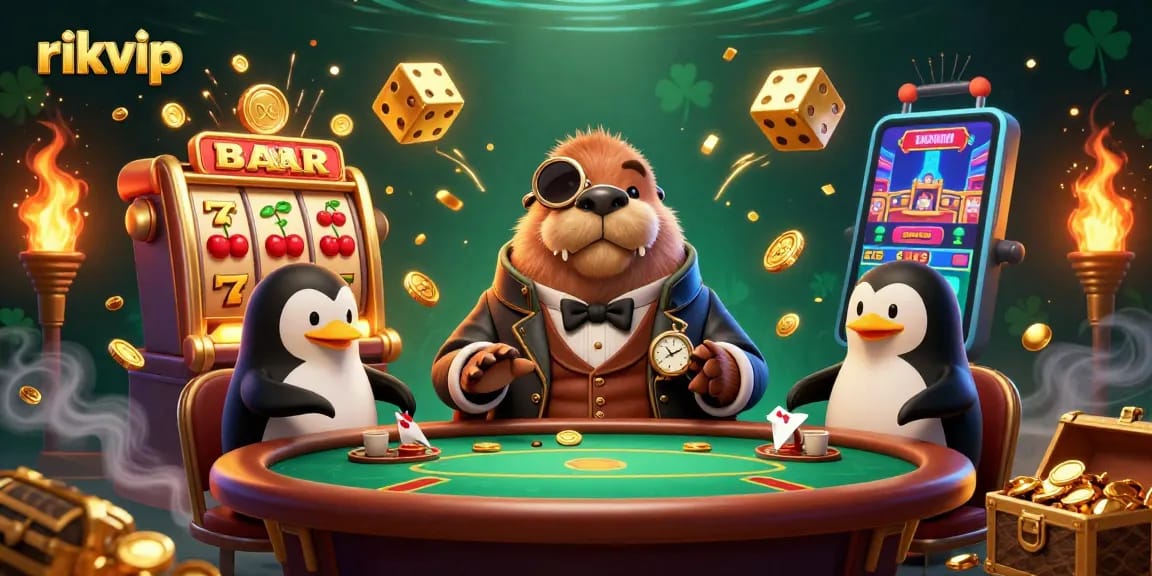 Join the jolly walrus and friends in a thrilling rikvip underwater poker game, surrounded by vibrant casino elements.