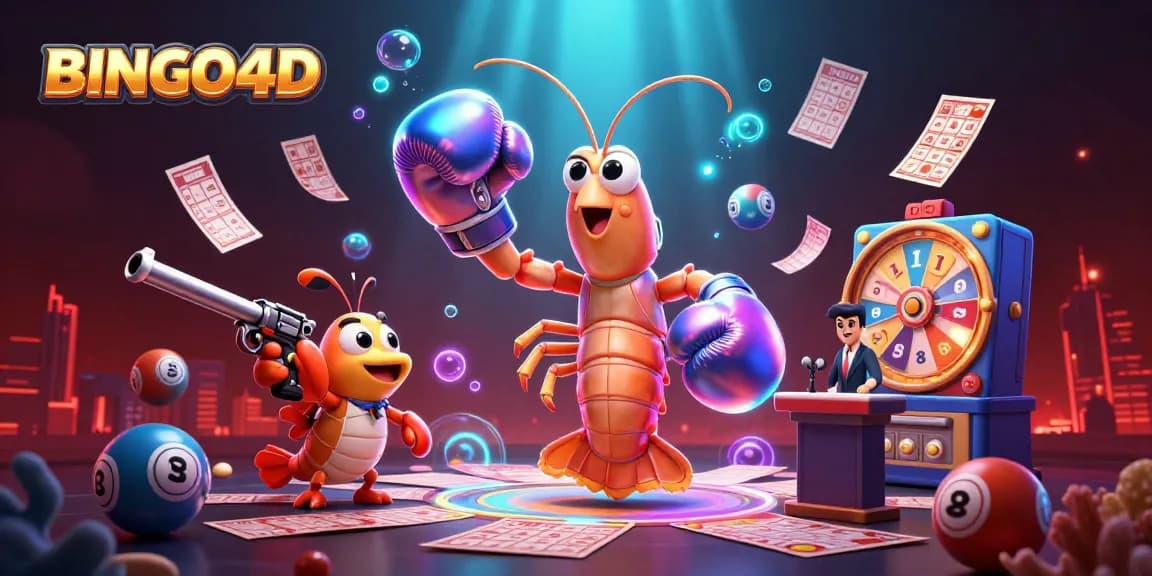 Permainan BINGO4D yang seru dengan karakter kartun udang mantis, udang pistol, dan grouper koral di antara elemen bingo dan atmosfer laut.