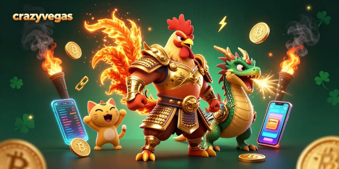 Win big with crazyvegas in an exciting cartoon battle of luck and skill featuring a rooster warrior and dragon.