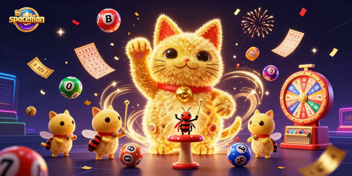 Engage with the spaceman-themed slot game visuals featuring vibrant luck cat and festive elements.