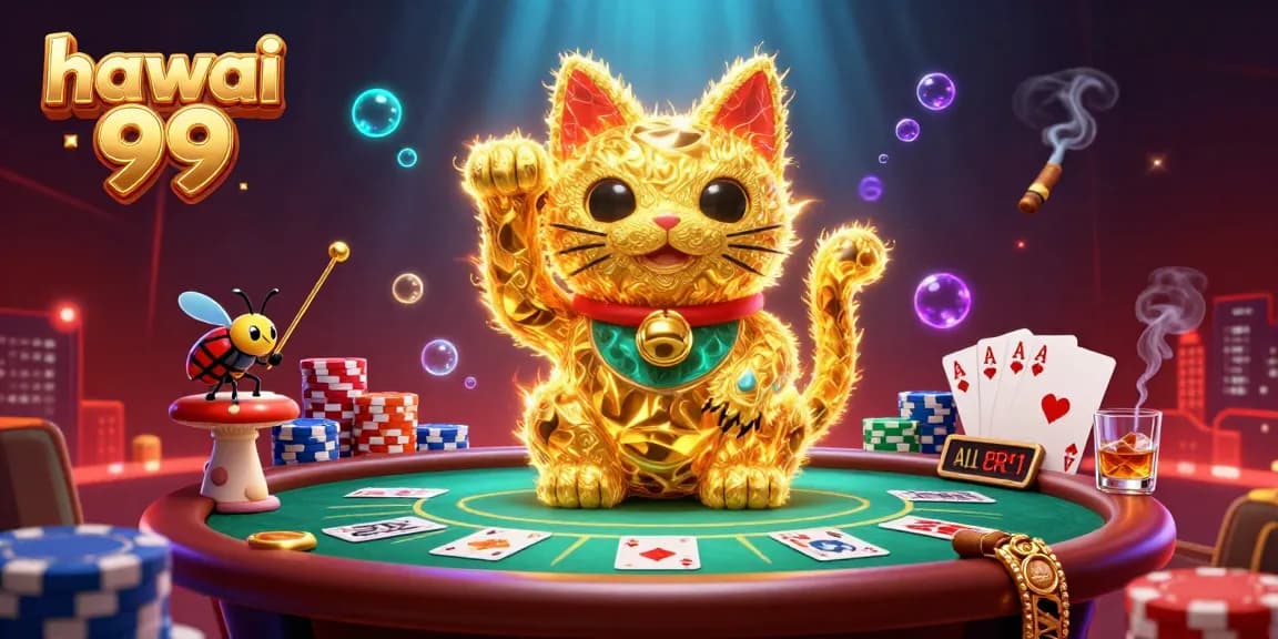 Engage with hawai 99 through an enchanting 3D scene of a lucky cat amidst vibrant casino elements.