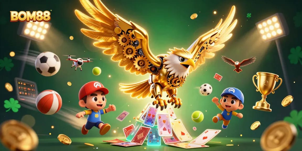 BOM88 offers an exhilarating online gambling experience with a vibrant 3D illustration capturing exciting betting elements.
