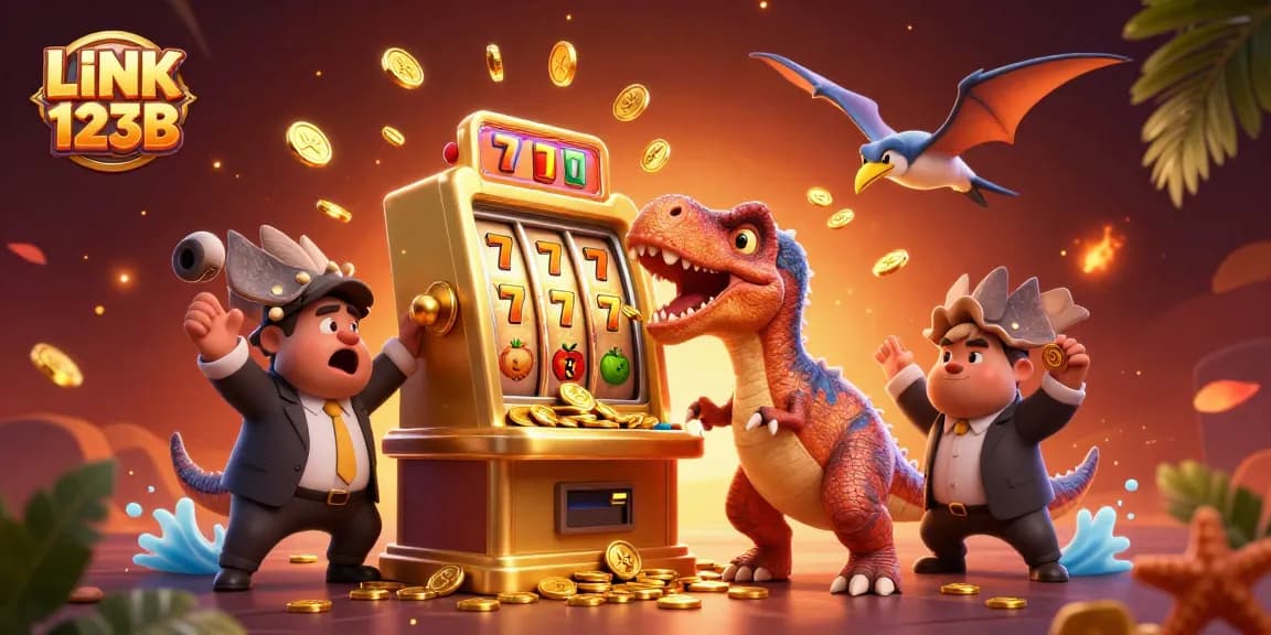 Experience the excitement of LINK 123B as cartoon dinosaurs engage with a vibrant casino scene.