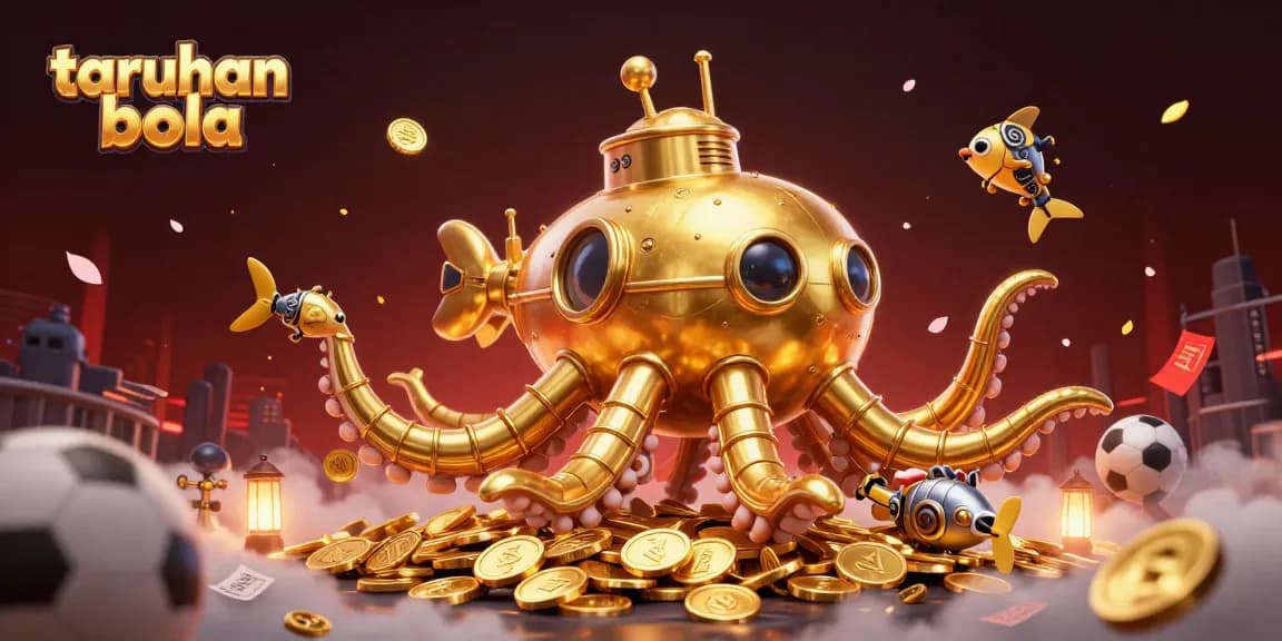 Strategi taruhan bola yang menarik dengan ilustrasi dadu, koin emas, dan bola sepak.