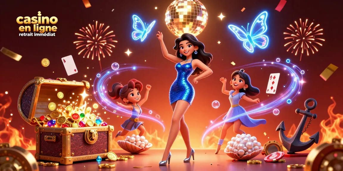 Illustration captivante du thème casino en ligne retrait immédiat avec danseuse glamour et éléments de casino vibrants.