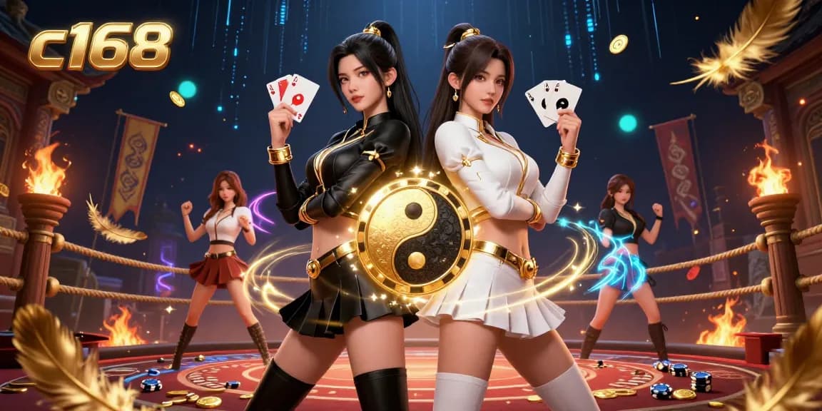 Experience thrilling action at c168 with twin Asian women showcasing their poker skills in a vibrant casino scene.