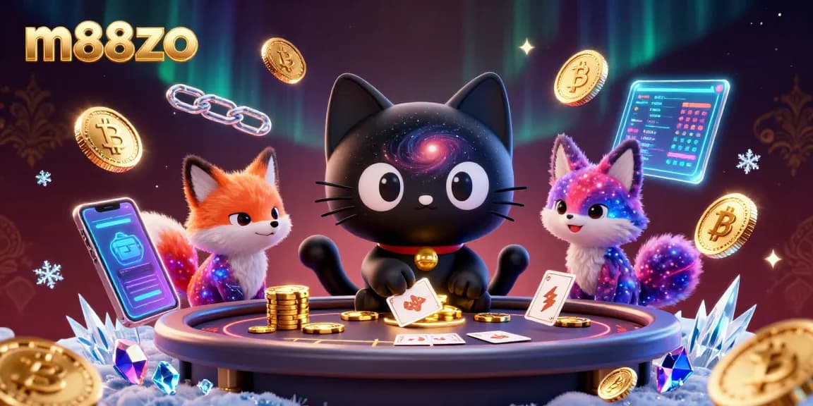 Engage with m88zo's cosmic casino featuring unique characters, crypto coins, and vibrant gaming elements.