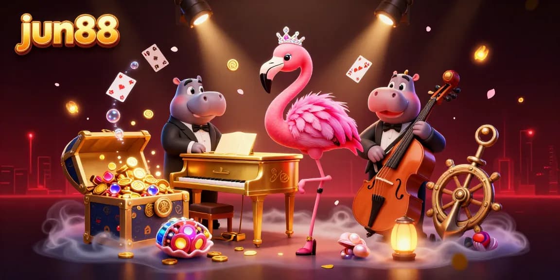 Experience thrilling fun at jun88 with this vibrant 3D illustration featuring a flamingo singer and casino elements.