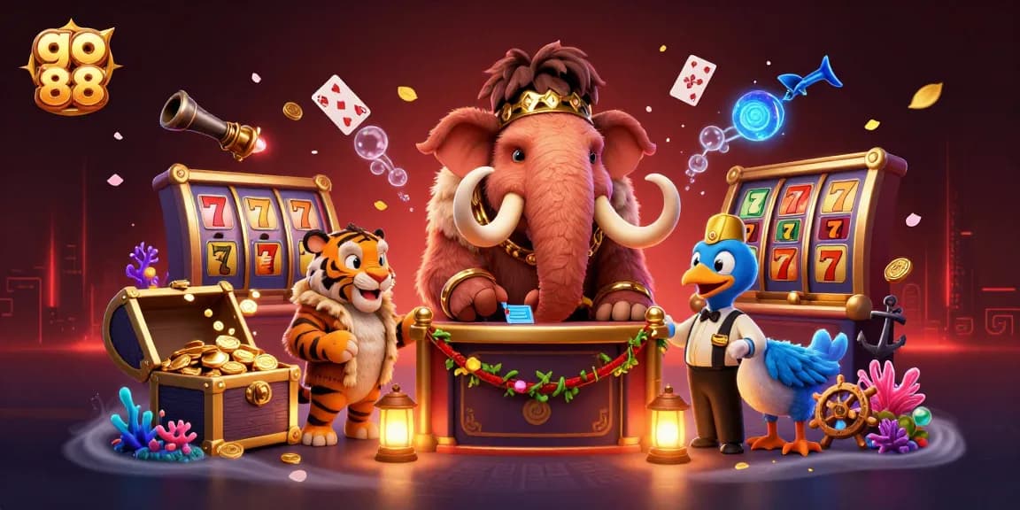 Engage with the exciting scene at go 88, featuring a woolly mammoth bouncer and vibrant casino elements.
