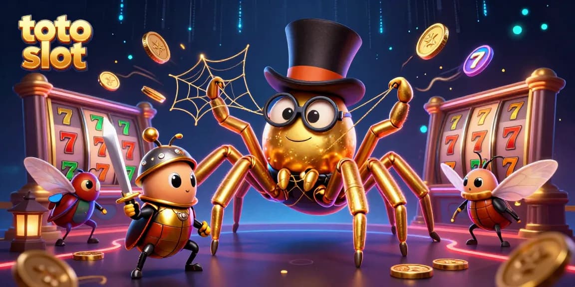 Engage in thrilling toto slot action with a giant golden tarantula and knight in a vibrant casino.