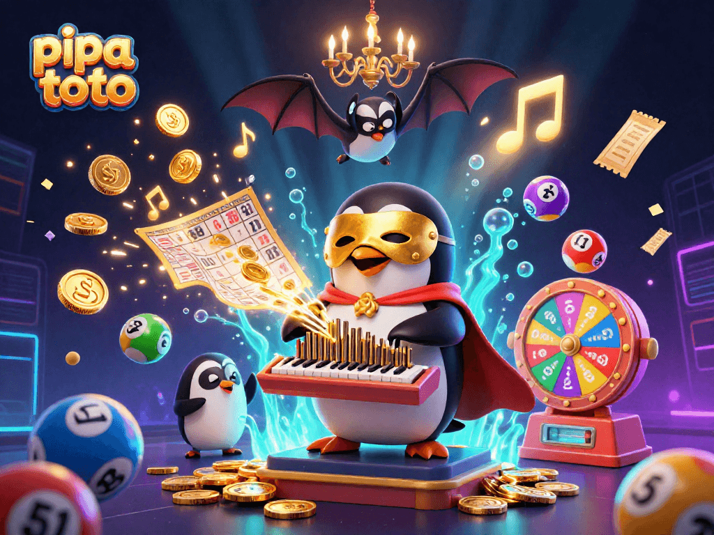 Engage in pipa toto excitement with a vibrant 3D illustration of a penguin and lottery elements.