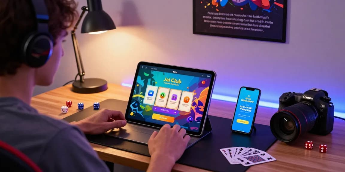 Player using jaiclub login on a tablet with game rewards displayed, modern gaming setup and vibrant lighting.
