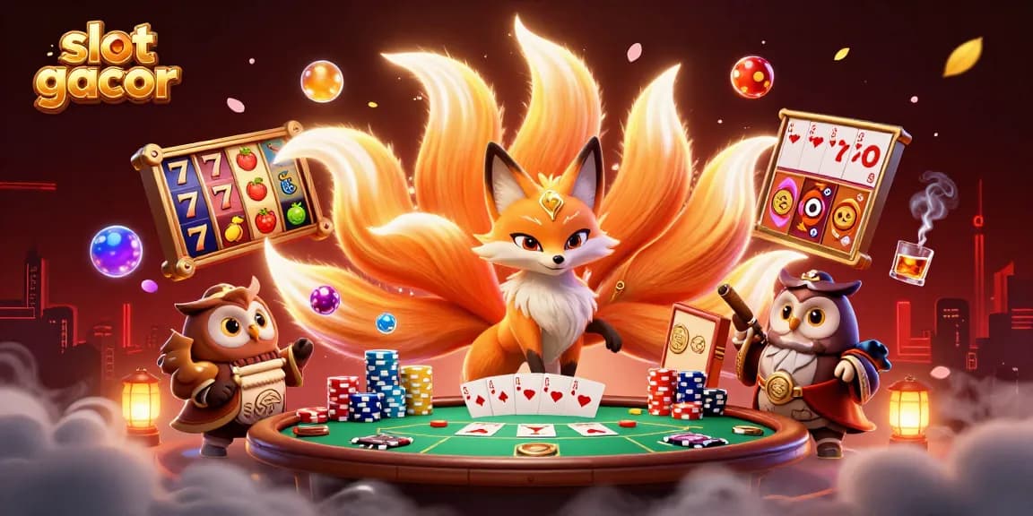 Slot gacor yang menggairahkan dengan ilustrasi kartun 3D, menampilkan karakter roh sembilan ekor dan elemen kasino