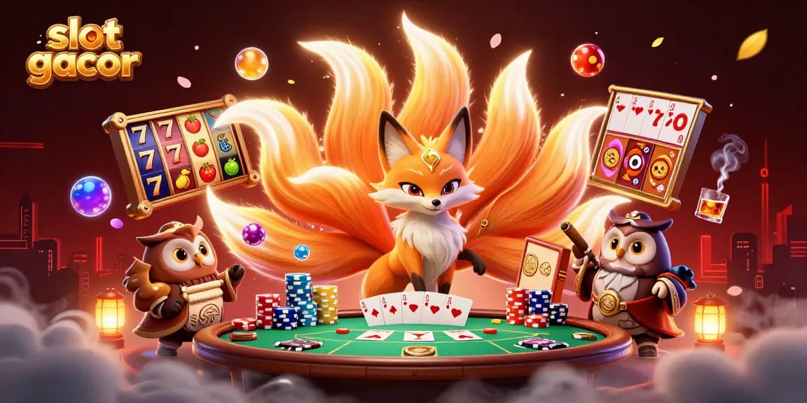 Slot gacor yang menggairahkan dengan ilustrasi kartun 3D, menampilkan karakter roh sembilan ekor dan elemen kasino