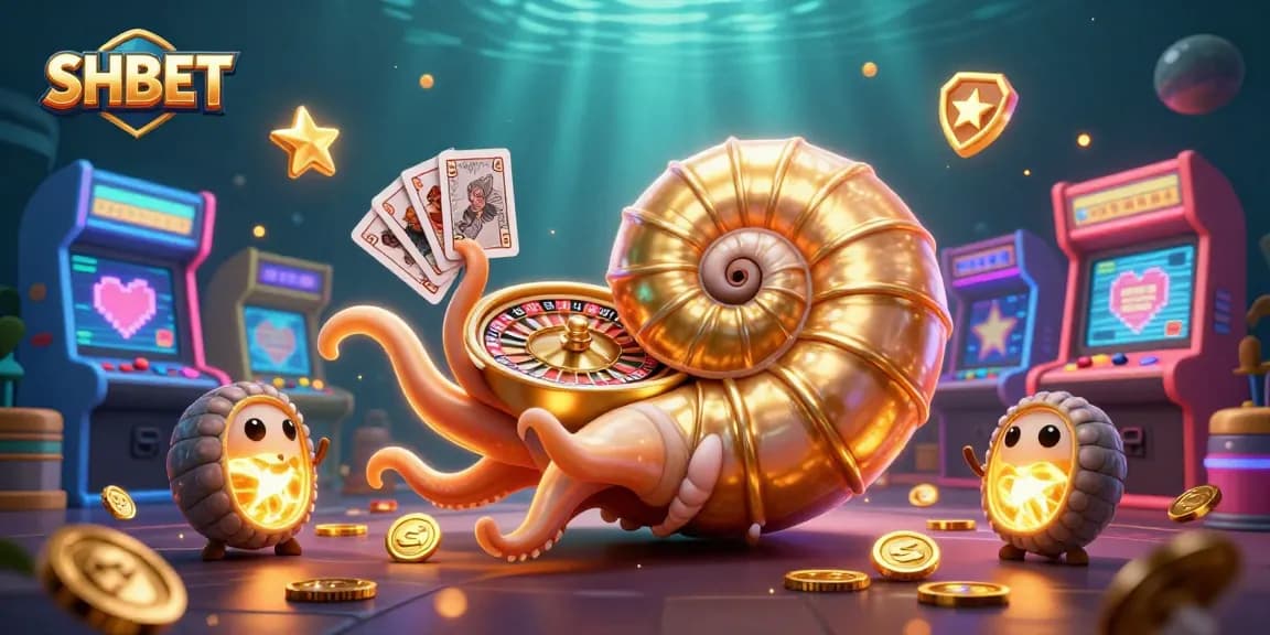 Engage with SHBET's vibrant gaming world featuring a golden nautilus roulette wheel amidst dynamic arcade elements.