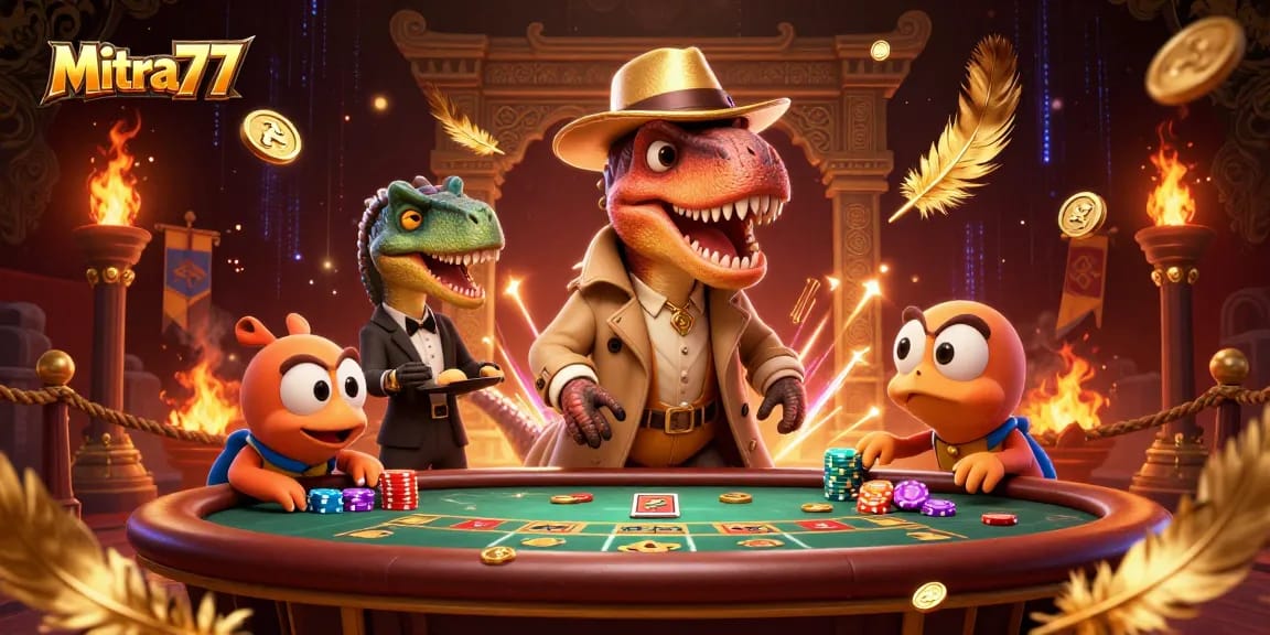 Mitra77 menikmati permainan slot gacor dengan karakter kartun dinosaurus di meja judi, penuh dengan koin emas dan efek dramatis.