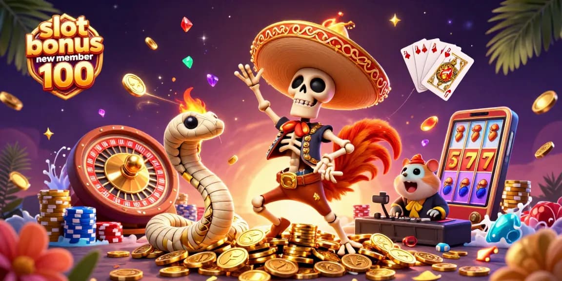 Win big with slot bonus new member 100 in this vibrant casino scene featuring cartoon characters.