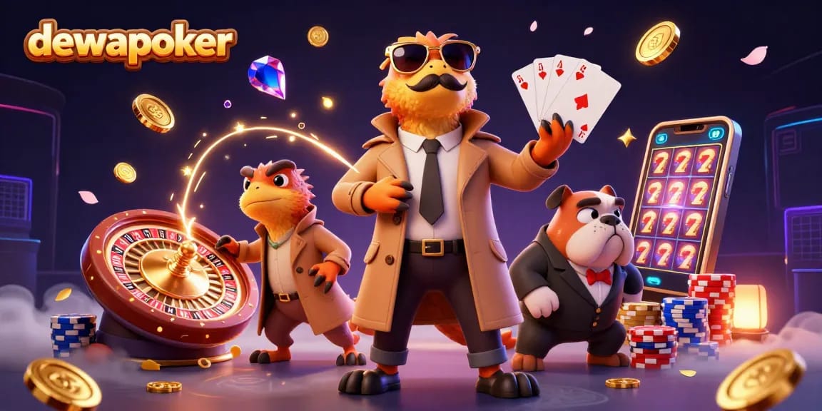 Dewapoker menampilkan tiga raptor dalam jas mencoba masuk ke lounge VIP kasino, dikelilingi koin emas dan perhiasan berkilau.