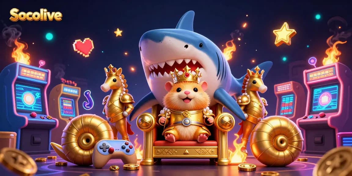 Socolive showcases a fierce golden hamster king in a casino-themed scene with vibrant game elements.