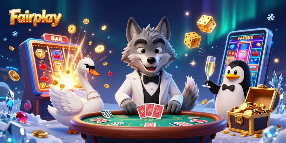 Experience Fairplay at a vibrant casino scene filled with characters, slot machines, and dynamic effects.