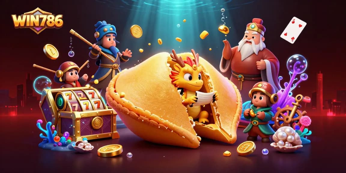 Engage with WIN786 through thrilling slot games amid a vibrant 3D scene with rich golden treasures.