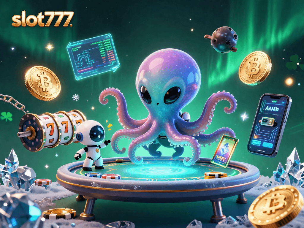 Kumpulkan kemenangan saat bermain slot777 dengan ilustrasi alien bertema kasino intergalaksi yang dinamis.