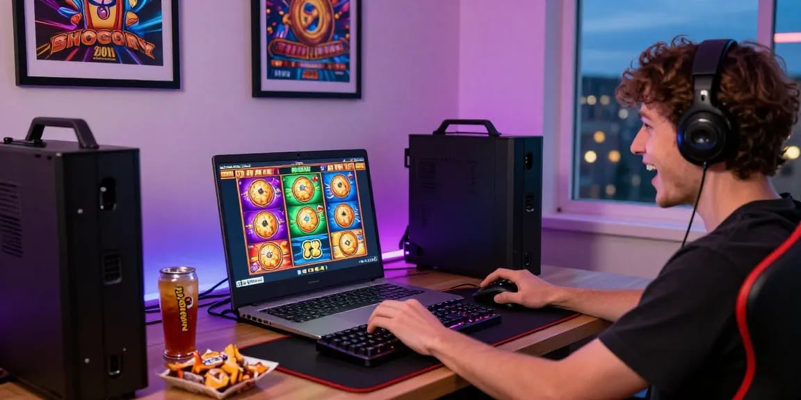 Pemain menikmati slot88 di laptop dengan suasana gaming modern.